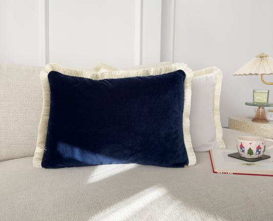 Dark Navy Blue Velvet Fringed Cushion Cover (All Sizes)