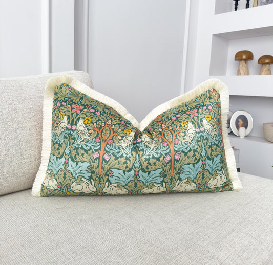William Morris Brer Rabbit Fringe Cushion Cover – Burnt Orange Back & Cream Fringe