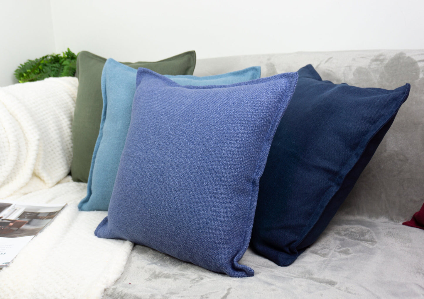 Handmade Cotton Linen Blue Decorative Cushion Cover, Blue Linen Pillow Cover 17x17Inches, 43x43cm