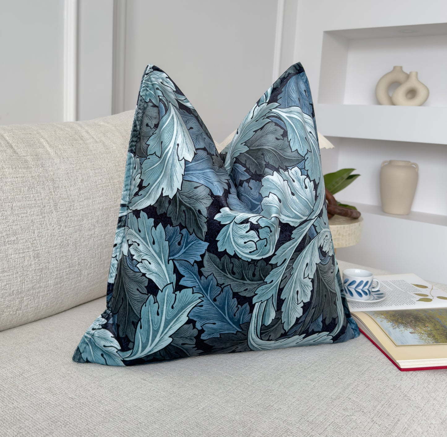 William Morris Acanthus Blue Velvet Cushion Cover Art Deco Pillow Decor (All Sizes)