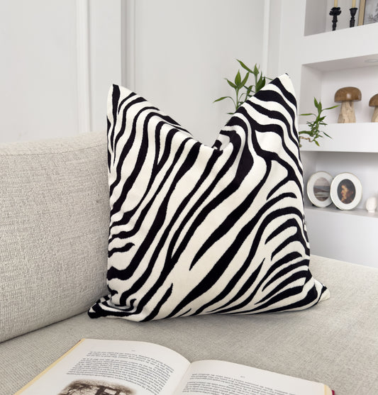 Zebra Velvet Cushion Cover Black Cream Animal Print Pillow Cover (All Sizes)