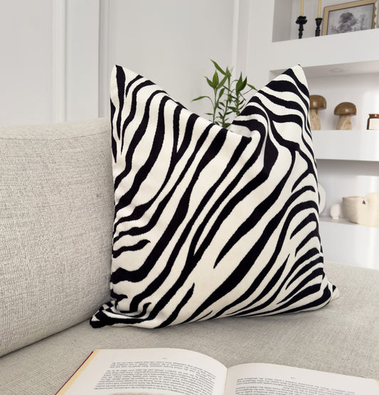 Zebra Velvet Cushion Cover Black Cream Animal Print Pillow Cover (All Sizes)