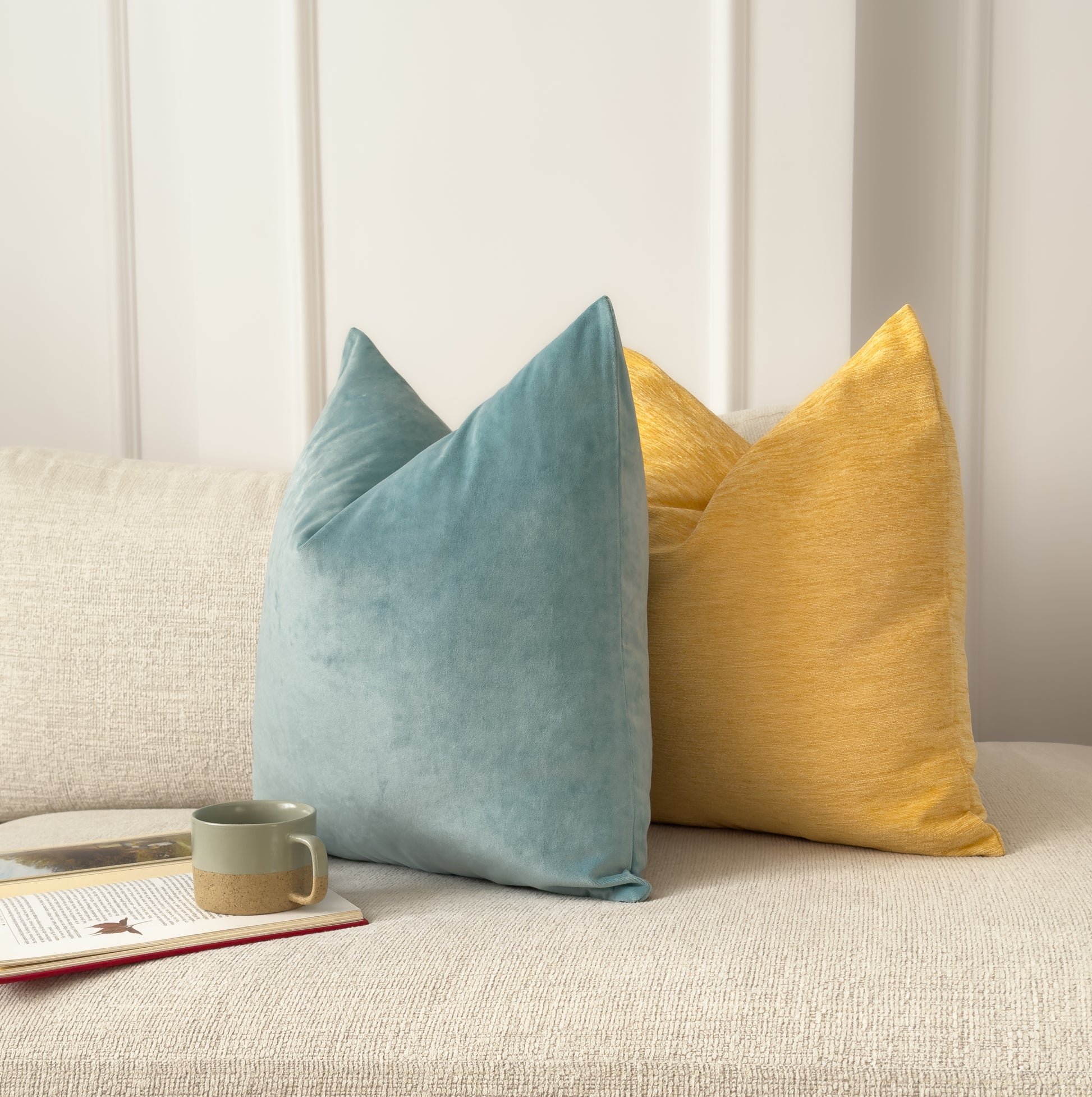 two pillows and a book on a couch