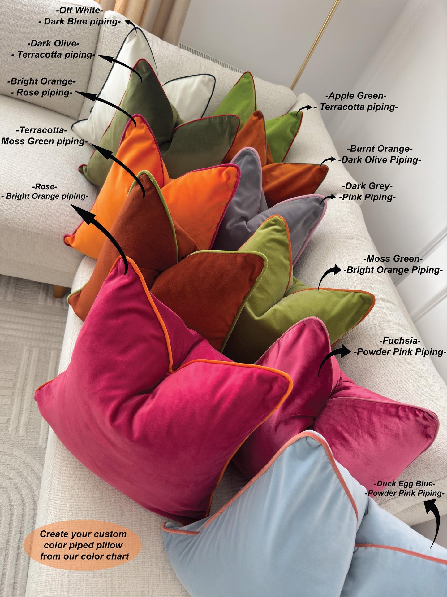 Velvet Piped Pillow Covers with Piping Cushion Covers (Custom Color) All Sizes