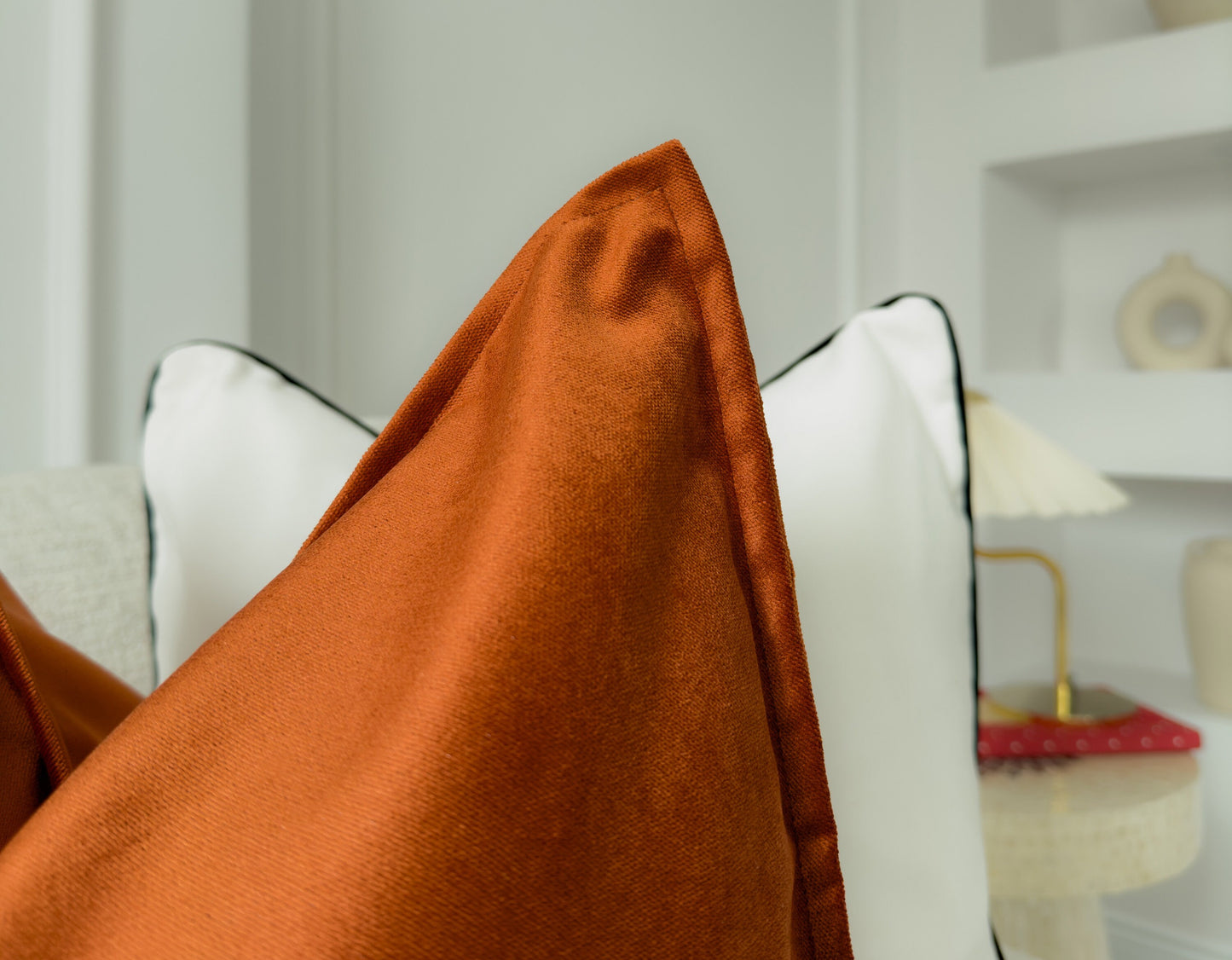 Velvet Terracotta Cushion Cover Rust Flanged Sofa Cushion Soft Cotton Velvet Lumbar Cushion for Couch or Bed