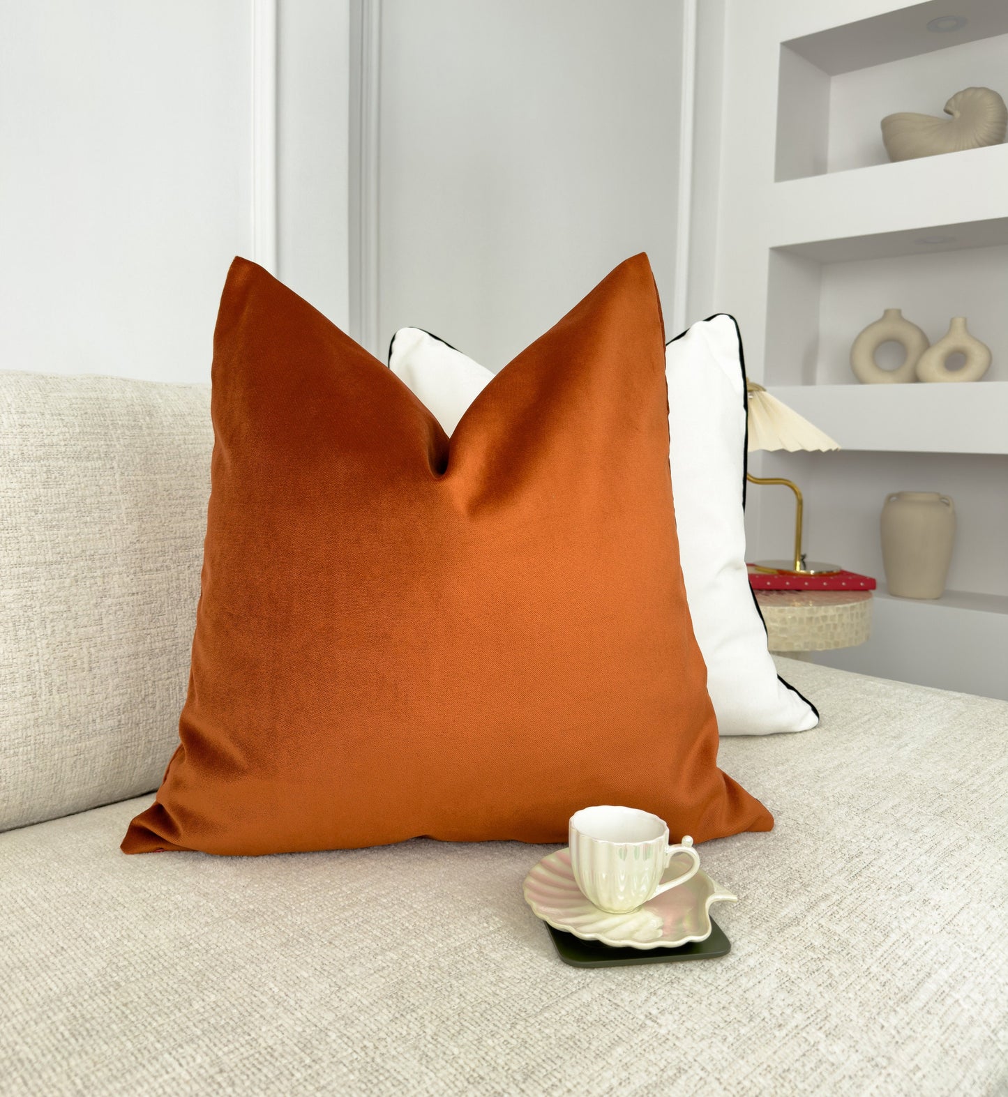Velvet Terracotta Cushion Cover Rust Flanged Sofa Cushion Soft Cotton Velvet Lumbar Cushion for Couch or Bed