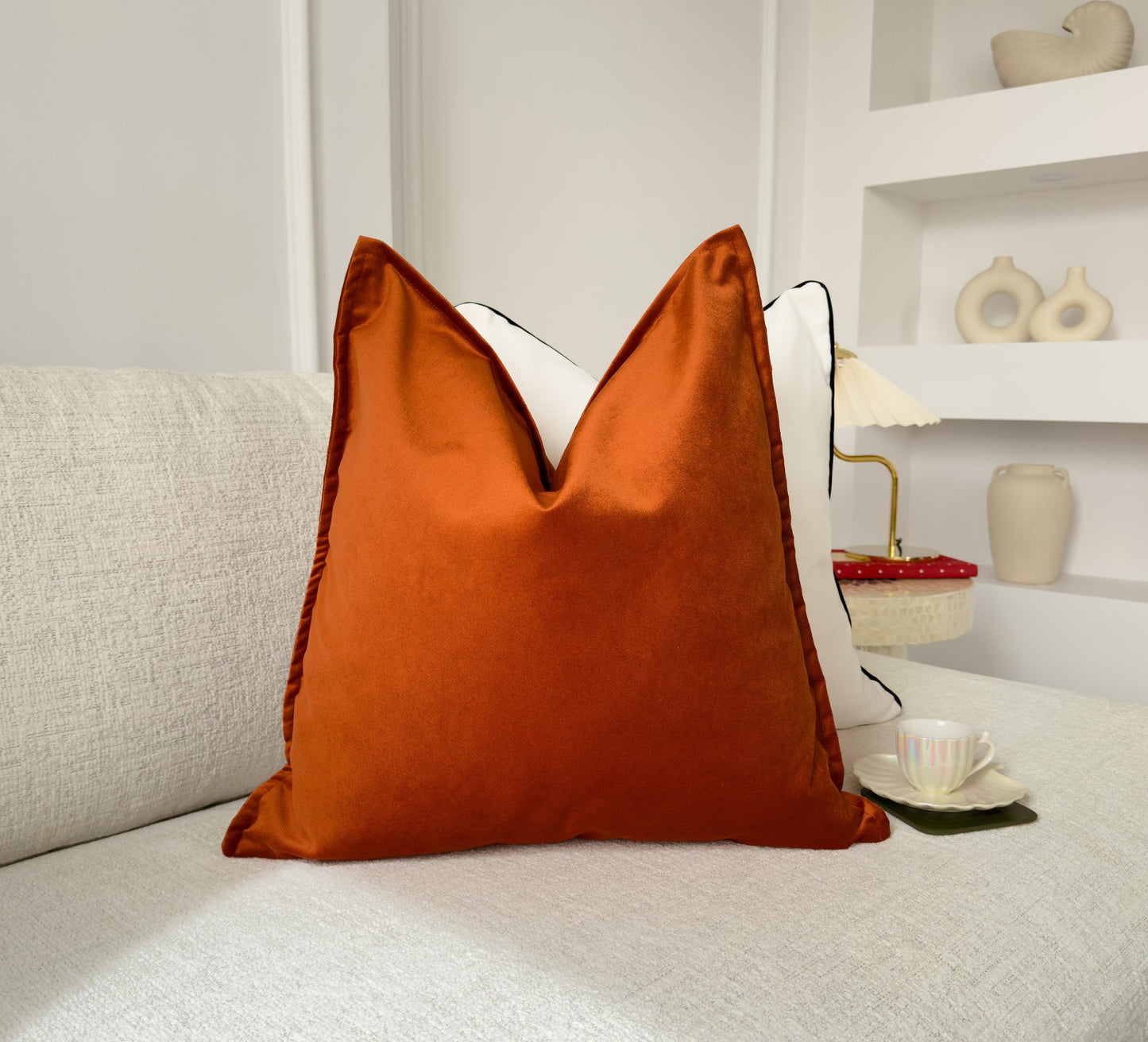 Velvet Terracotta Cushion Cover Rust Flanged Sofa Cushion Soft Cotton Velvet Lumbar Cushion for Couch or Bed