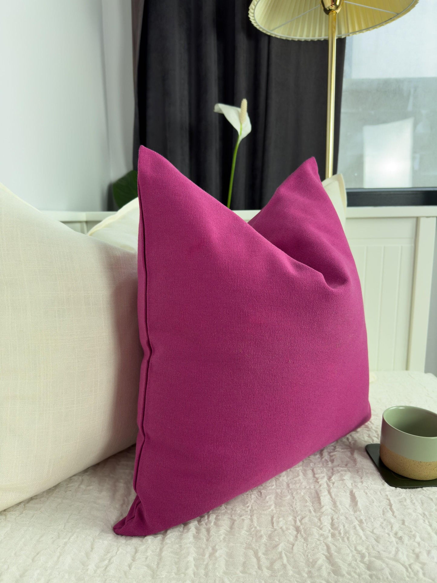 Cotton Linen Textured Fuchsia Pillow Cover Fuchsia Scatter Cushion Cover Pink Decorative Lumbar Linen Pillows (Any Custom Size)