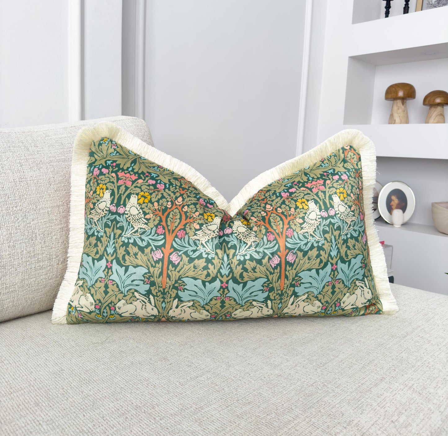William Morris Brer Rabbit Fringe Cushion Cover – Burnt Orange Back & Cream Fringe