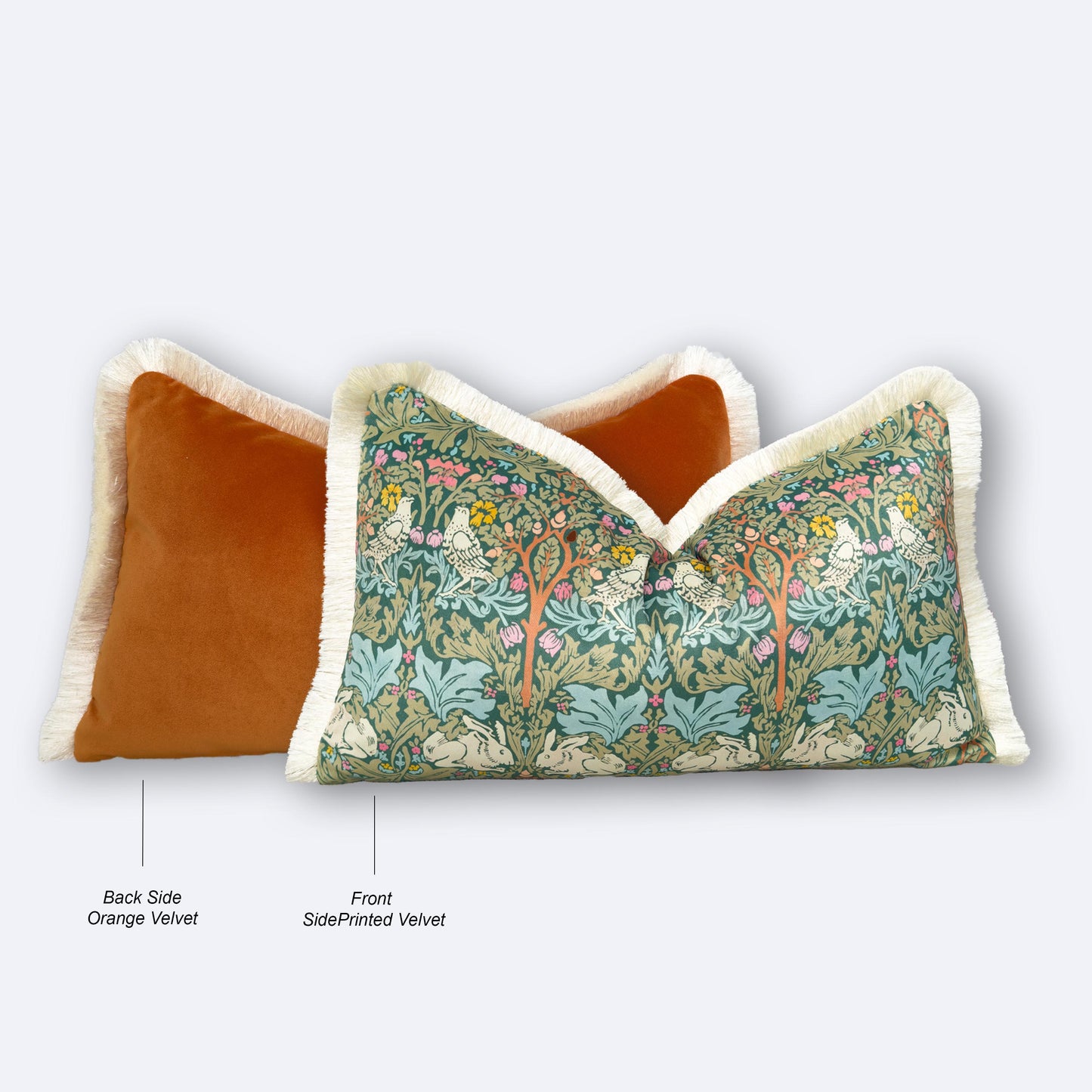 William Morris Brer Rabbit Fringe Cushion Cover – Burnt Orange Back & Cream Fringe