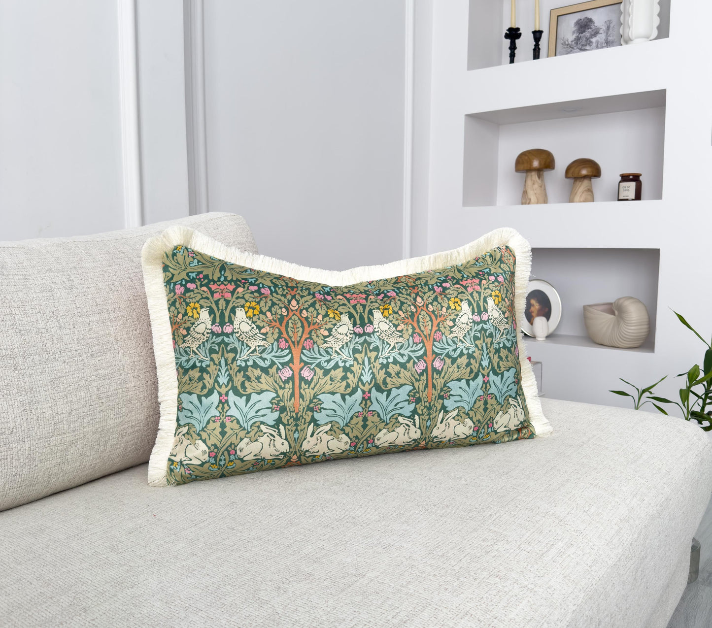 William Morris Brer Rabbit Fringe Cushion Cover – Burnt Orange Back & Cream Fringe