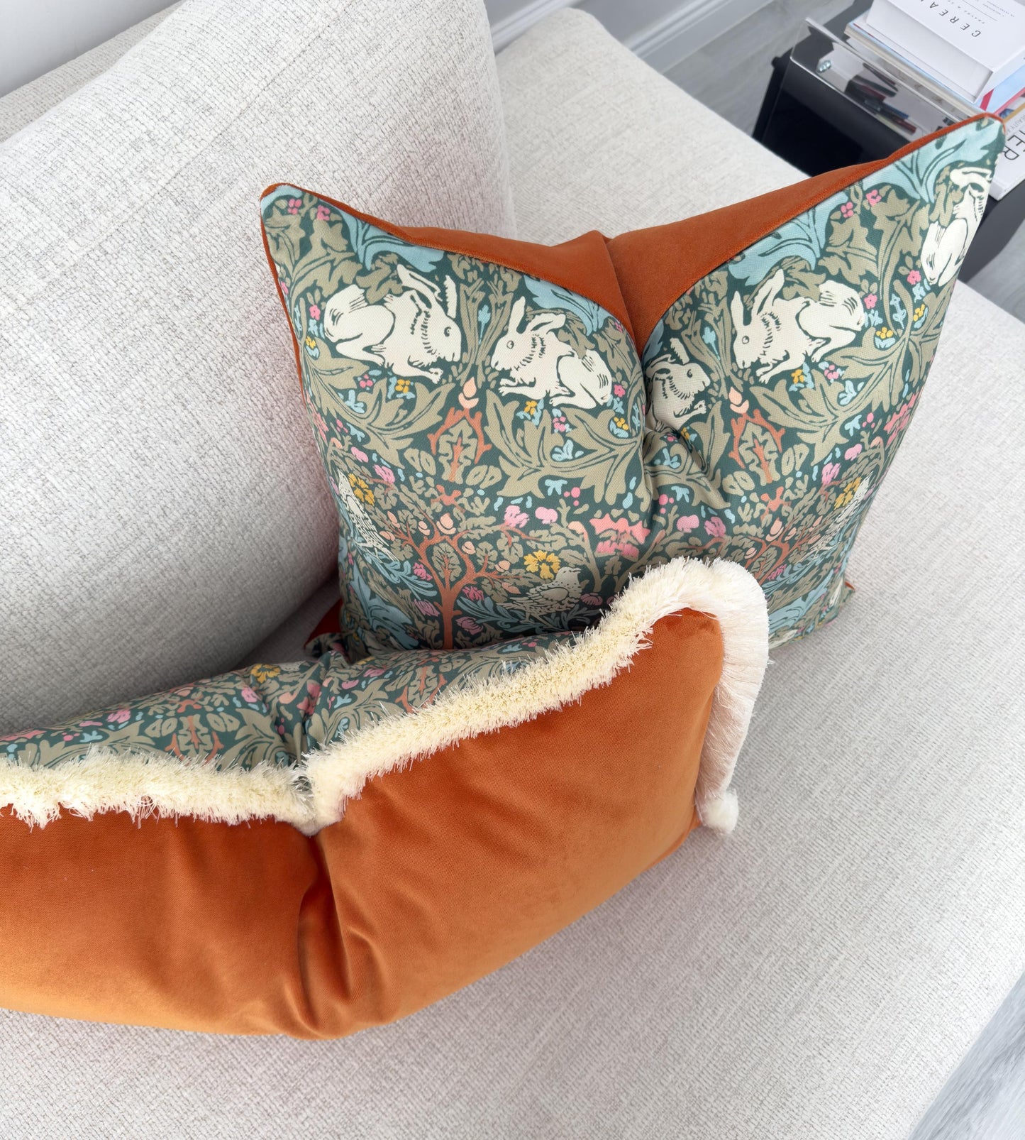 William Morris Brer Rabbit Fringe Cushion Cover – Burnt Orange Back & Cream Fringe