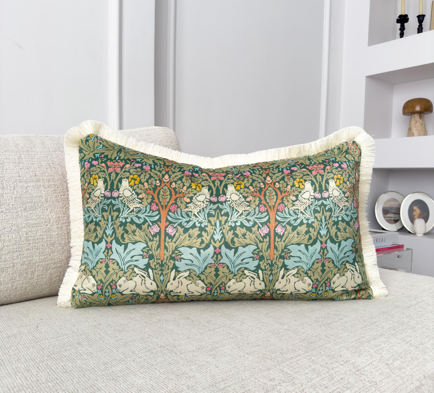 William Morris Brer Rabbit Fringe Cushion Cover – Burnt Orange Back & Cream Fringe