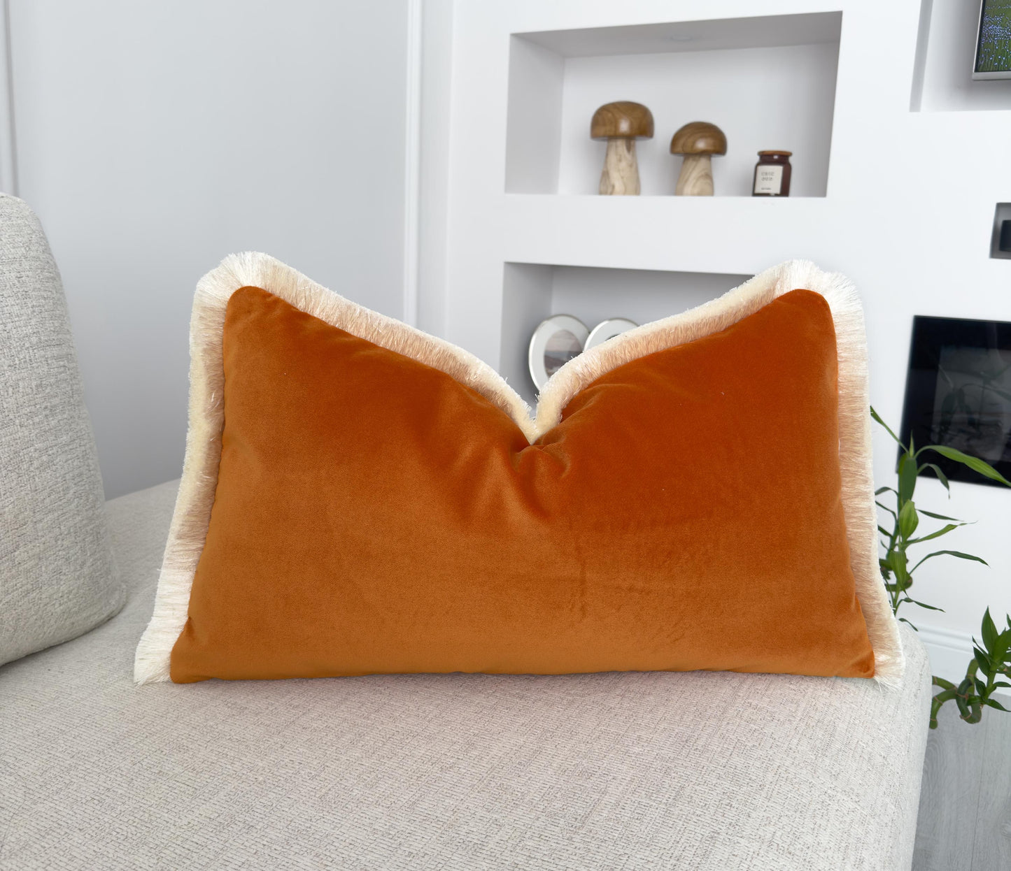 William Morris Brer Rabbit Fringe Cushion Cover – Burnt Orange Back & Cream Fringe