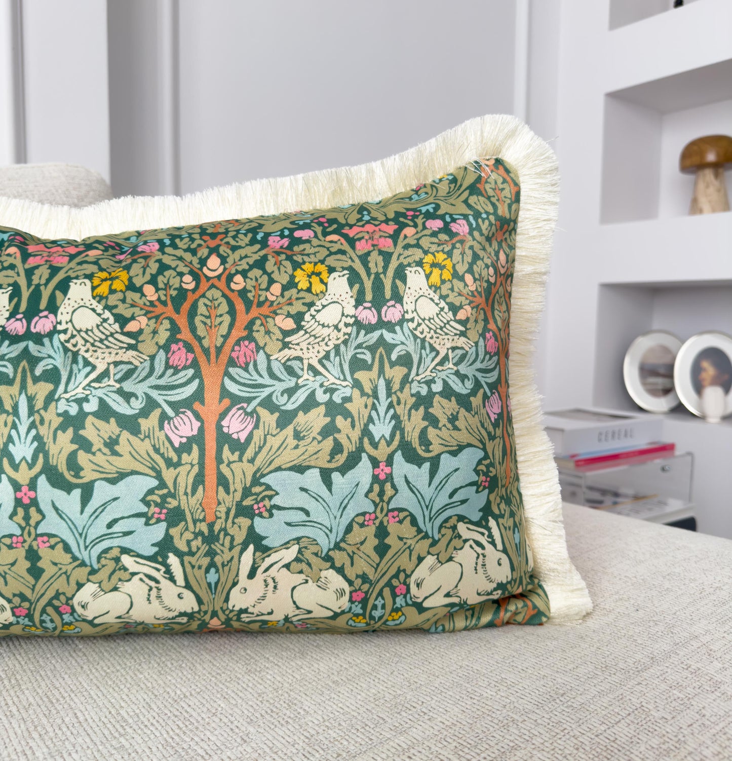 William Morris Brer Rabbit Fringe Cushion Cover – Burnt Orange Back & Cream Fringe