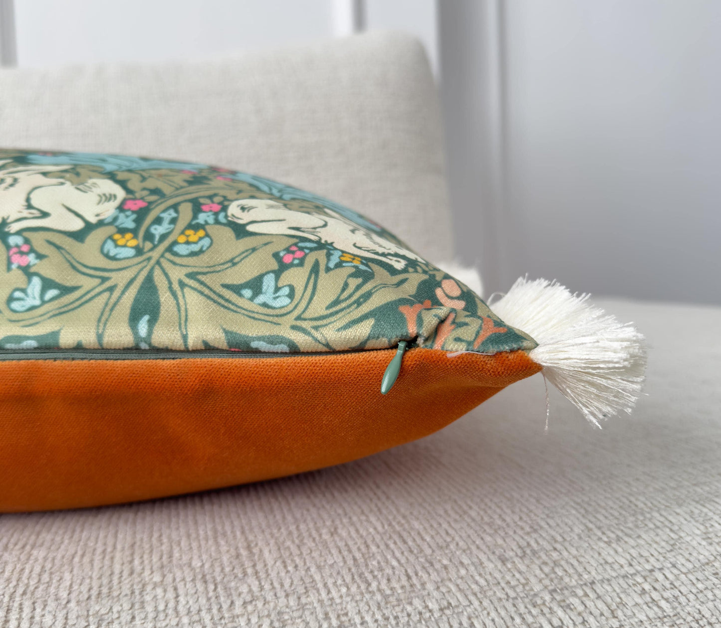 William Morris Brer Rabbit Fringe Cushion Cover – Burnt Orange Back & Cream Fringe
